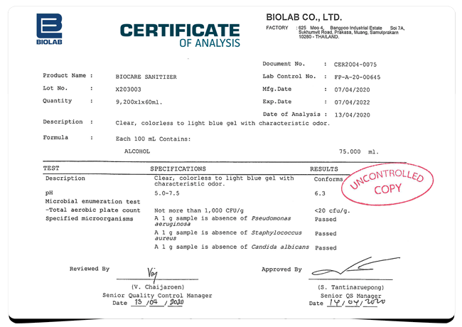 CERTIFICATE OF ANALYSIS